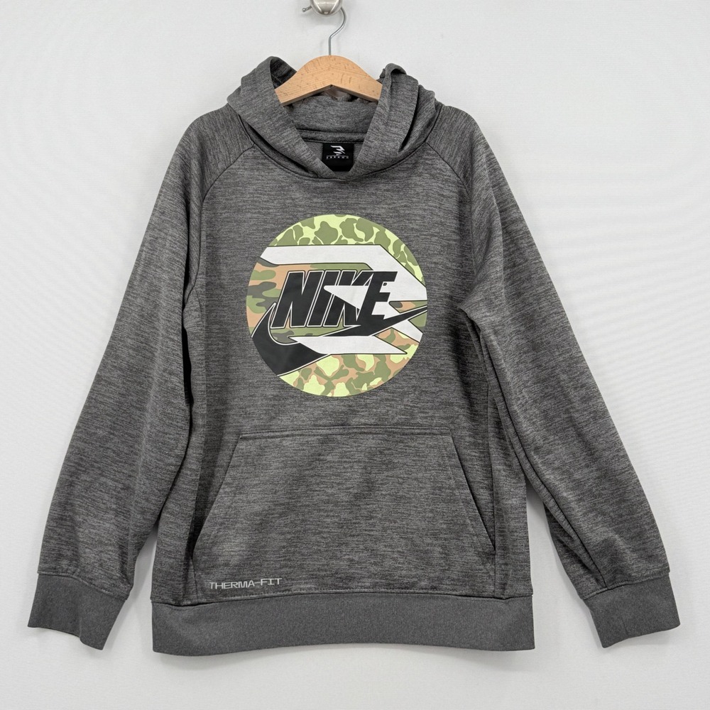 Nike 3 Brand Hoodie Kids Medium Grey Camo Therma-FIT Pullover Sweatshirt